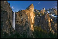 Bridalveil falls and Leaning Tower, sunset. Yosemite National Park, California, USA.