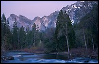 Merced River and Cathedral rocks at dusk. Yosemite National Park, California, USA.