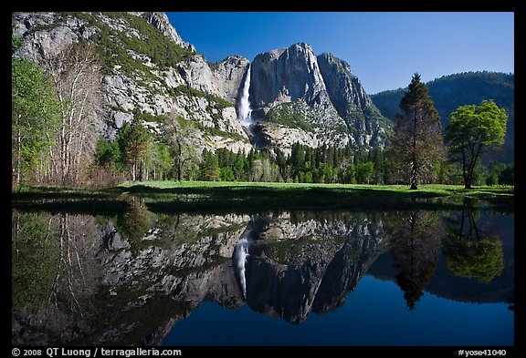 Yosemite Falls and meadow reflected in a seasonal pond. Yosemite National Park (color)
