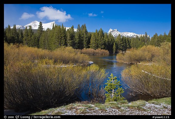 Fresh snow, stream, and Cathedral Peak. Yosemite National Park, California, USA.