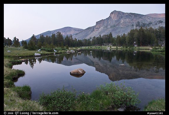 Mt Dana shoulder reflected in tarn at dusk. Yosemite National Park, California, USA.