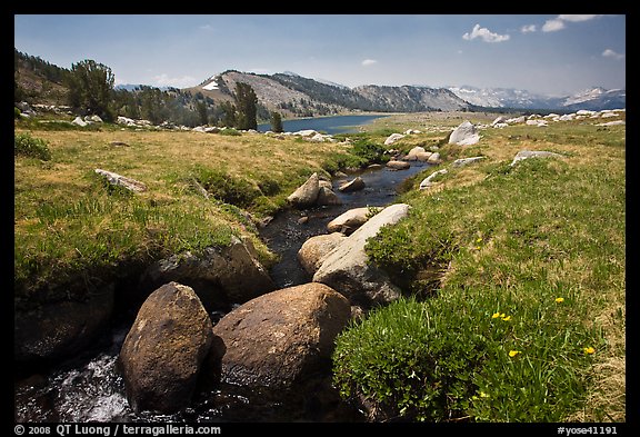 Alpine scenery with stream and distant Gaylor Lake. Yosemite National Park (color)