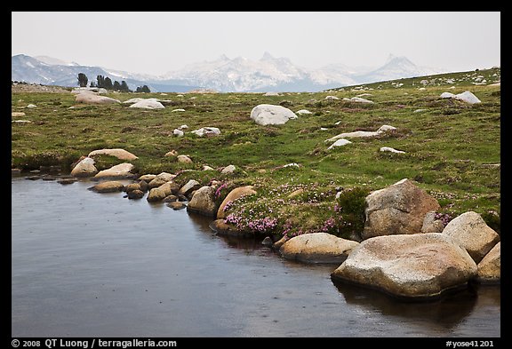 Shore of Gaylor Lake and Cathedral range. Yosemite National Park, California, USA.