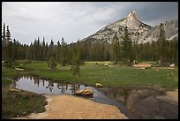 Stream, meadow, and Cathedral Peak, afternoon. Yosemite National Park, California, USA.