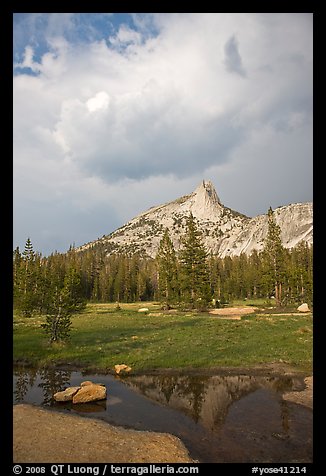 Meadow, Cathedral Peak, and clouds. Yosemite National Park (color)