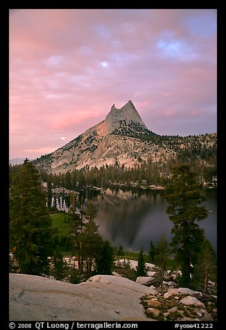 Cathedral Peak and upper Lake at sunset. Yosemite National Park, California, USA.