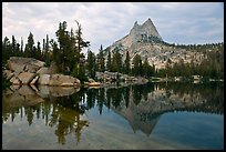 Upper Cathedral Lake and Cathedral Peak at dusk. Yosemite National Park, California, USA. (color)