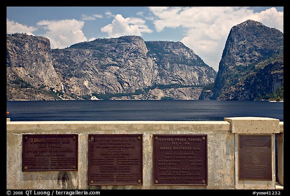 Commemorative inscriptions on dam and Hetch Hetchy reservoir. Yosemite National Park, California, USA.