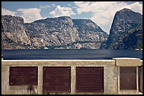 Commemorative inscriptions on dam and Hetch Hetchy reservoir. Yosemite National Park, California, USA.