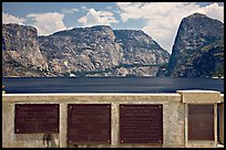 Commemorative inscriptions on dam and Hetch Hetchy reservoir. Yosemite National Park, California, USA. (color)