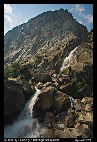Wapama falls and rock wall, late summer afternoon. Yosemite National Park (color)