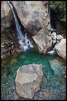 Boulder and emerald waters in pool, Wapama Falls, Hetch Hetchy. Yosemite National Park, California, USA. (color)