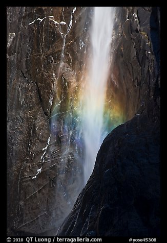 Lower Yosemite Falls with low flow and rainbow. Yosemite National Park, California, USA.