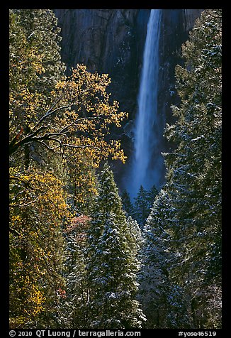 Bridalveil Fall after rare spring snow storm. Yosemite National Park, California, USA.