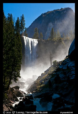 Vernal Fall with backlit mist, morning. Yosemite National Park, California, USA.