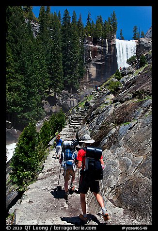 Backpackers on Mist Trail. Yosemite National Park, California, USA.