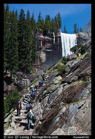 Crowded Mist Trail and Vernal fall. Yosemite National Park, California, USA.