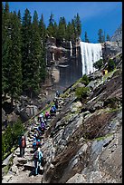 Crowded Mist Trail and Vernal fall. Yosemite National Park, California, USA. (color)