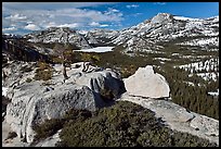 Granite outcrops and distant Tenaya Lake in the spring. Yosemite National Park, California, USA. (color)