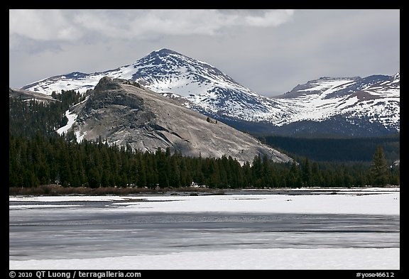 Lambert Dome surrounded by snowy peaks and meadows. Yosemite National Park (color)