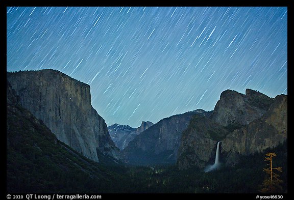 Yosemite Valley by night with star trails. Yosemite National Park (color)