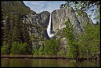 High waters of the Merced River under the Swinging Bridge. Yosemite National Park, California, USA.