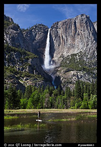 Man paddling in flooded meadow below Yosemite Falls. Yosemite National Park (color)