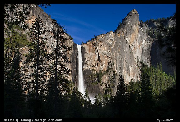 Bridalveil Fall and leaning tower, late afternoon. Yosemite National Park, California, USA.