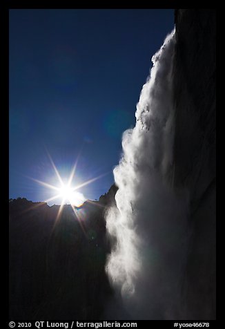 Backlit waterfall from Fern Ledge. Yosemite National Park, California, USA.