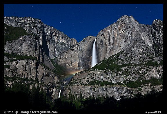 Upper and lower Yosemite Falls by moonlight. Yosemite National Park, California, USA.