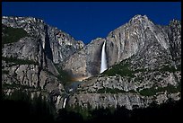 Upper and lower Yosemite Falls by moonlight. Yosemite National Park, California, USA.