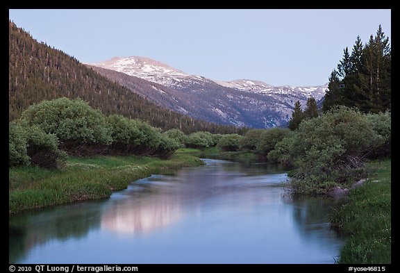 Snowy peak and Tuolumne River, Lyell Canyon, dusk. Yosemite National Park, California, USA.