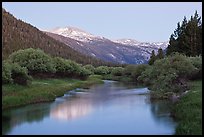 Snowy peak and Tuolumne River, Lyell Canyon, dusk. Yosemite National Park ( color)