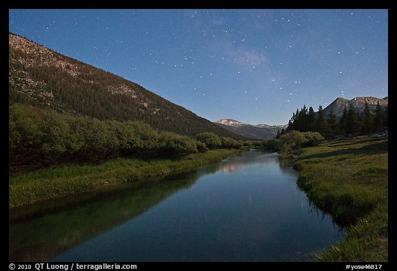 Stars above Lyell Canyon and Tuolumne River. Yosemite National Park, California, USA.