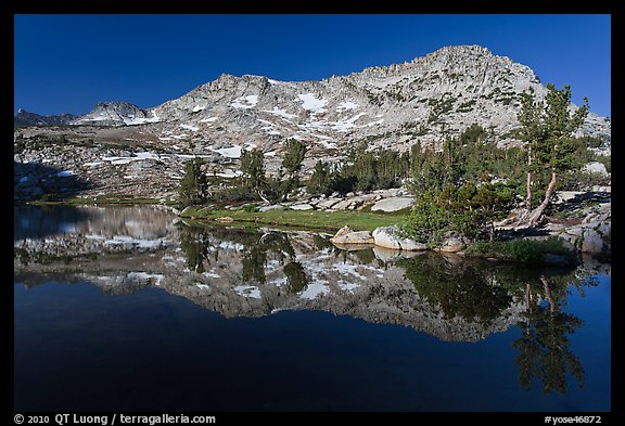 Vogelsang Peak reflected in Vogelsang Lake, morning. Yosemite National Park (color)