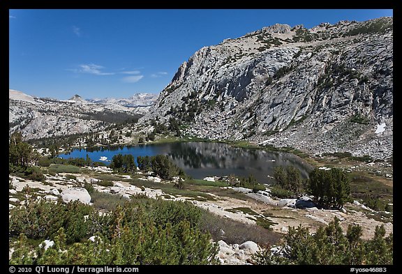 High Sierra landscape with Fletcher Peak and Vogelsang Lake. Yosemite National Park, California, USA.