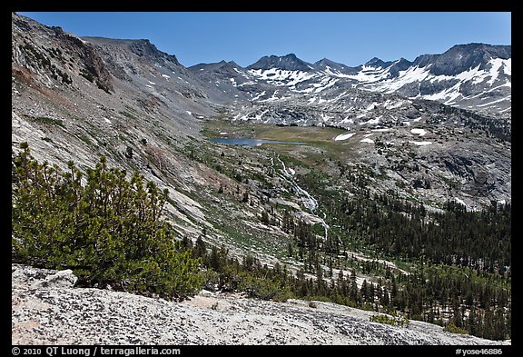 High Sierra view from Vogelsang Pass above Lewis Creek with Parson Peak and Gallison Lake. Yosemite National Park (color)