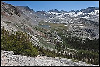 High Sierra view from Vogelsang Pass above Lewis Creek with Parson Peak and Gallison Lake. Yosemite National Park, California, USA.