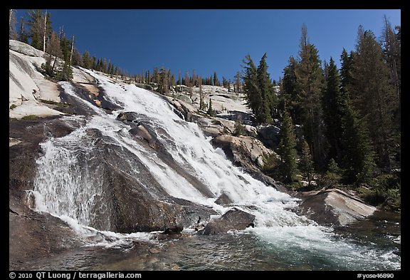 Stream flowing over steep smooth granite, Lewis Creek. Yosemite National Park, California, USA.