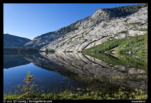 Peaks reflected in mirror-like waters, Merced Lake. Yosemite National Park, California, USA.