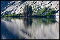 Trees and granite slabs reflected, Merced Lake. Yosemite National Park, California, USA.