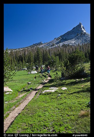 John Muir Trail and backpackers under Tressider Peak. Yosemite National Park (color)