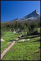 John Muir Trail and backpackers under Tressider Peak. Yosemite National Park, California, USA.