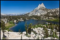 Upper Cathedral lake and Cathedral Peak, mid-day. Yosemite National Park, California, USA.