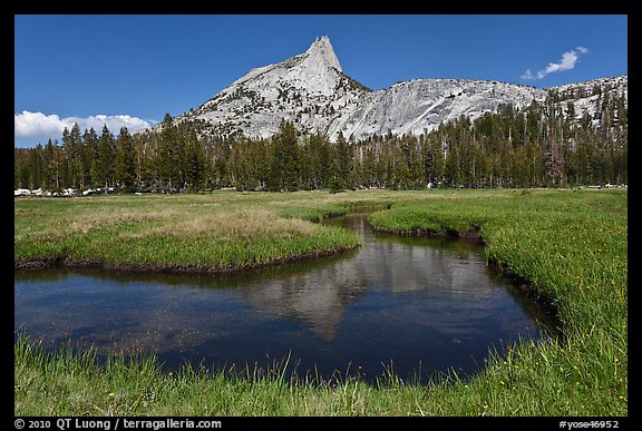 Cathedral Peak reflected in meandering stream. Yosemite National Park, California, USA.