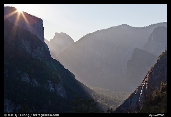 Sun, El Capitan, and Half Dome from near Inspiration Point. Yosemite National Park, California, USA.
