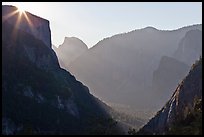 Sun, El Capitan, and Half Dome from near Inspiration Point. Yosemite National Park, California, USA.