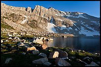 North Peak above Upper McCabe Lake, late afternoon. Yosemite National Park, California, USA.