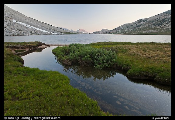 Stream and Roosevelt Lake at sunset. Yosemite National Park, California, USA.