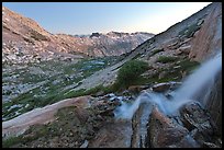 Waterfall and alpine valley at sunset. Yosemite National Park, California, USA. (color)